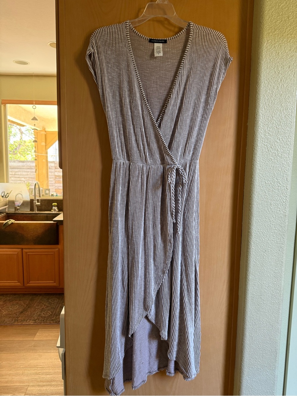 Caution To The Wind Striped Wrap High-Low Dress - Gray & White